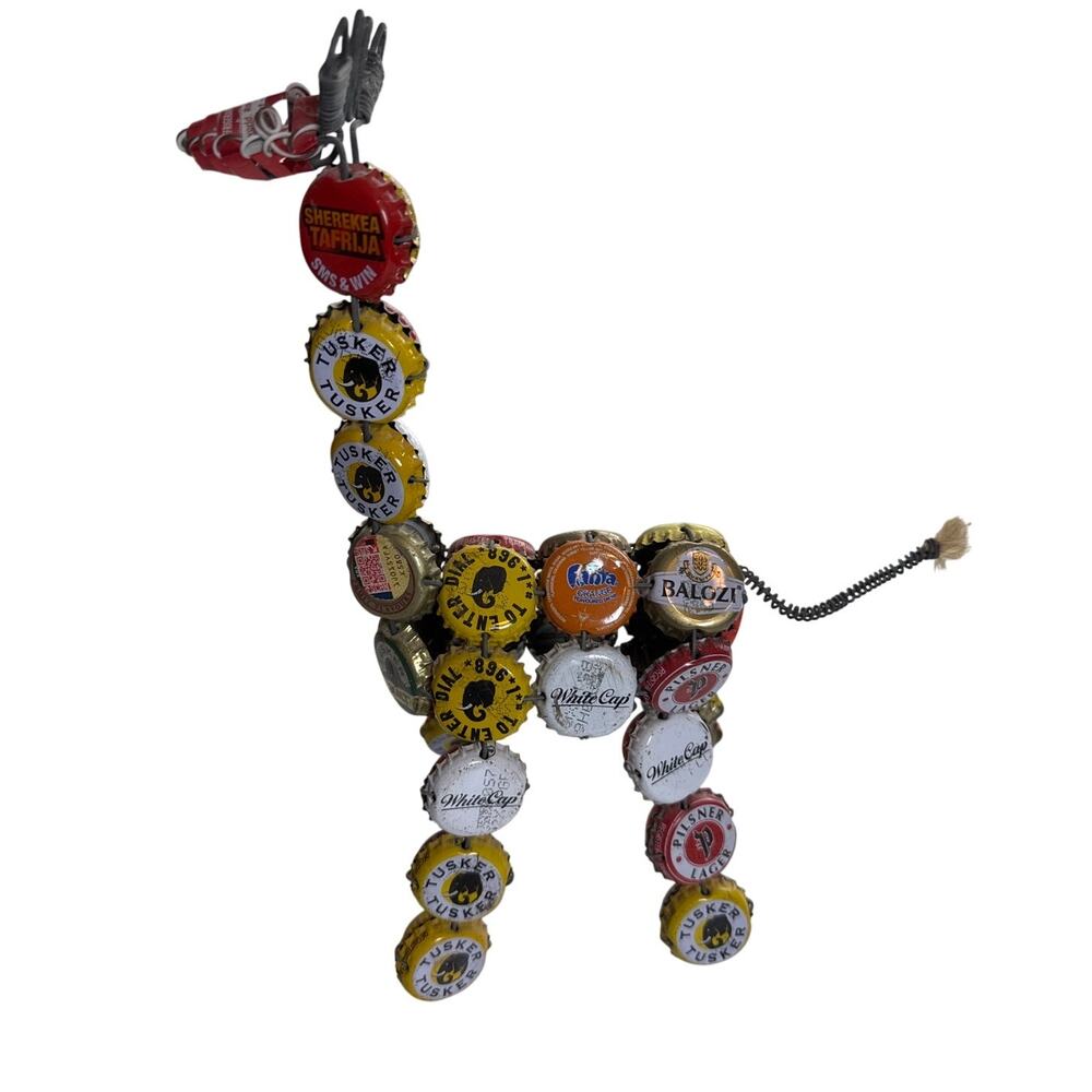 Folk Art Giraffe Upcycled Bottle Caps Handmade Decor Man Cave Recycled Unique